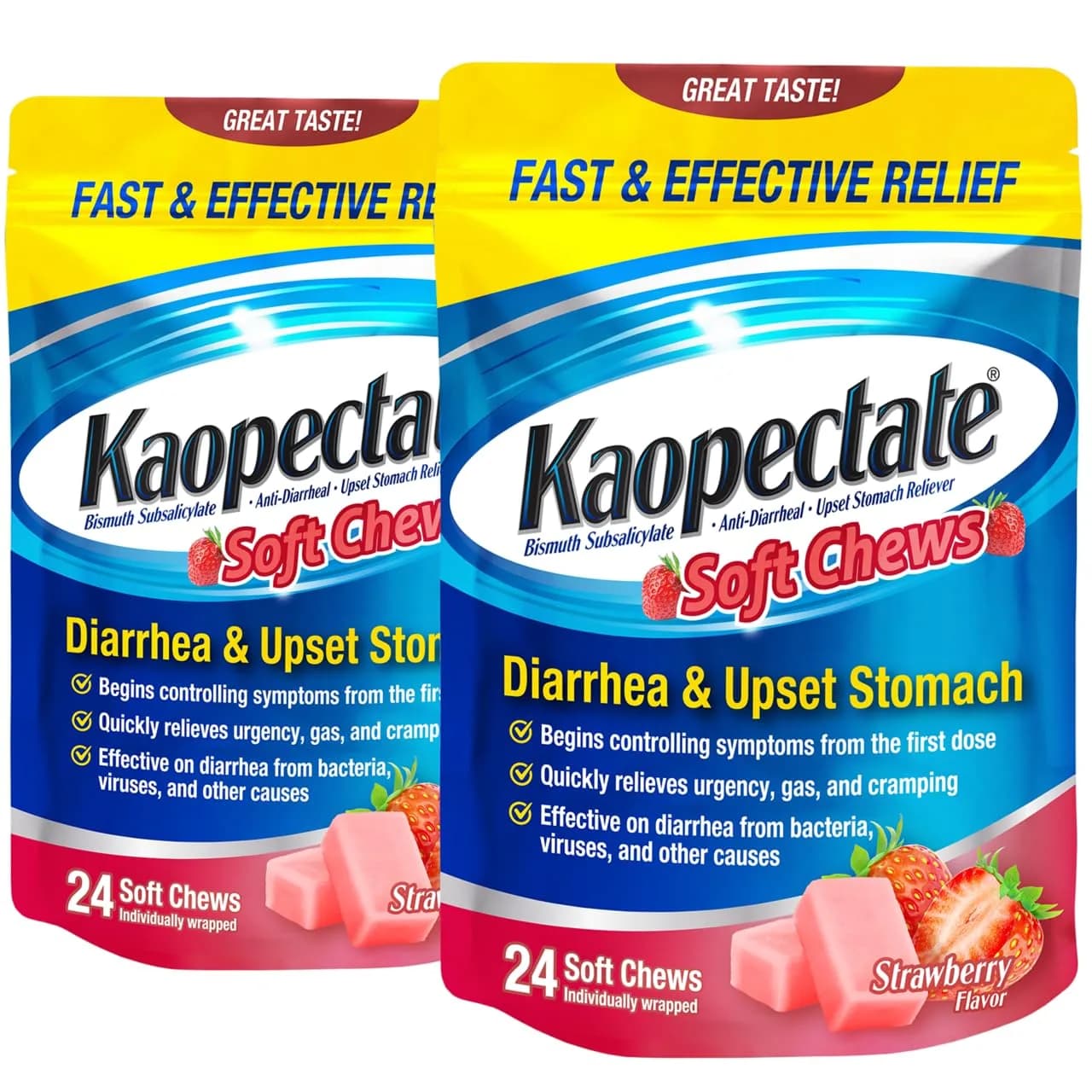 Kaopectate Diarrhea Medication for Adults, 24 Strawberry Soft Chews, 2 Pk | Fast Relief for Upset Stomach & Gas