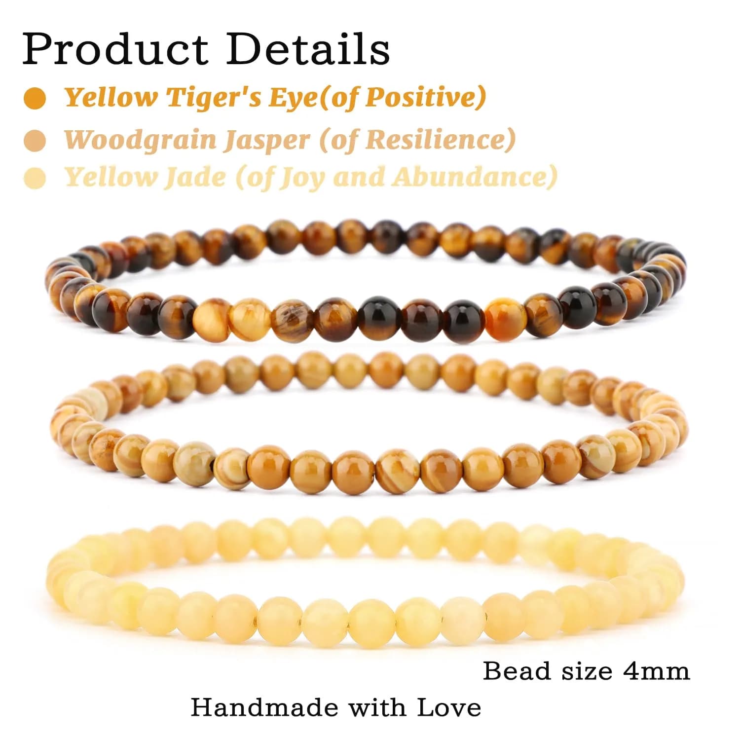 NCB 3-Piece 4mm Natural Crystal Gemstone Stretch Bracelets | Handmade Reiki Energy Healing Jewelry for Meditation, Yoga, Unisex - view 2