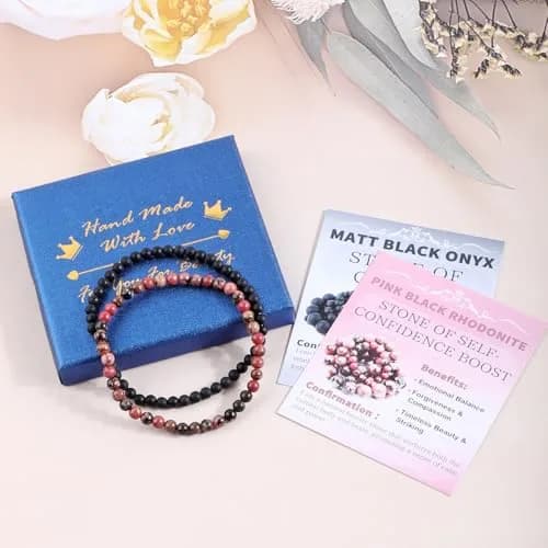 NCB Natural Crystal Gemstone Stretch Bracelets 4mm (Pink Black Rhodonite & Matte Black Agate) | Handmade Reiki Energy Healing Jewelry thumbnail 4