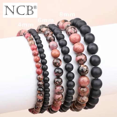 NCB Natural Crystal Gemstone Stretch Bracelets 4mm (Pink Black Rhodonite & Matte Black Agate) | Handmade Reiki Energy Healing Jewelry thumbnail 5