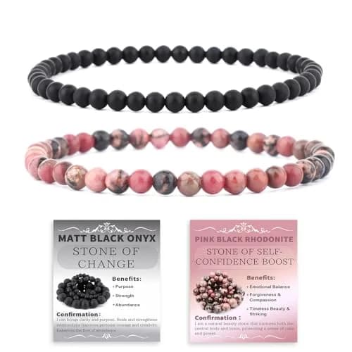 NCB Natural Crystal Gemstone Stretch Bracelets 4mm (Pink Black Rhodonite & Matte Black Agate) | Handmade Reiki Energy Healing Jewelry thumbnail 1