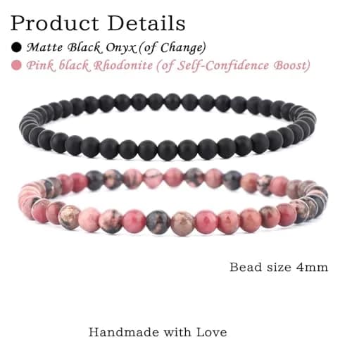 NCB Natural Crystal Gemstone Stretch Bracelets 4mm (Pink Black Rhodonite & Matte Black Agate) | Handmade Reiki Energy Healing Jewelry thumbnail 2