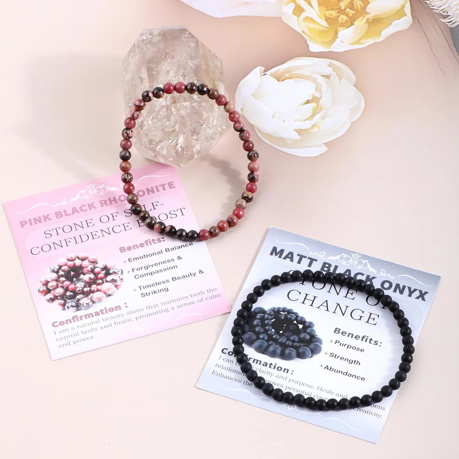 NCB Natural Crystal Gemstone Stretch Bracelets 4mm (Pink Black Rhodonite & Matte Black Agate) | Handmade Reiki Energy Healing Jewelry - view 3