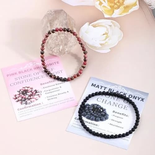 NCB Natural Crystal Gemstone Stretch Bracelets 4mm (Pink Black Rhodonite & Matte Black Agate) | Handmade Reiki Energy Healing Jewelry thumbnail 3