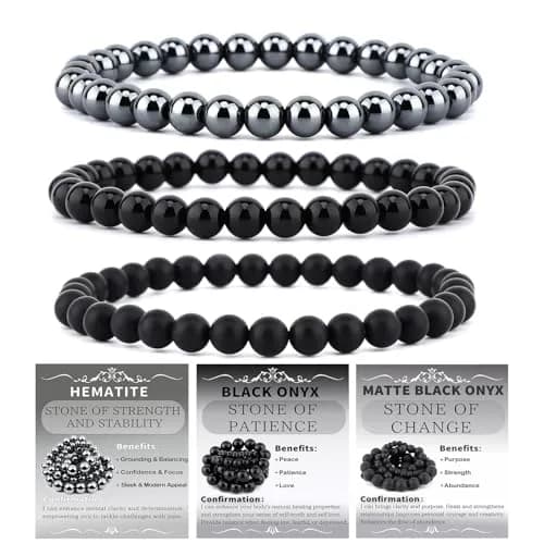 NCB 3-Piece 6mm Natural Crystal Gemstone Stretch Bracelets | Black Onyx, Hematite, Matte Black Agate thumbnail 1