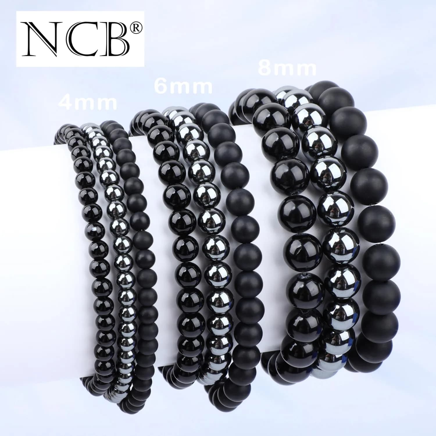 NCB 3-Piece 6mm Natural Crystal Gemstone Stretch Bracelets | Black Onyx, Hematite, Matte Black Agate - view 5