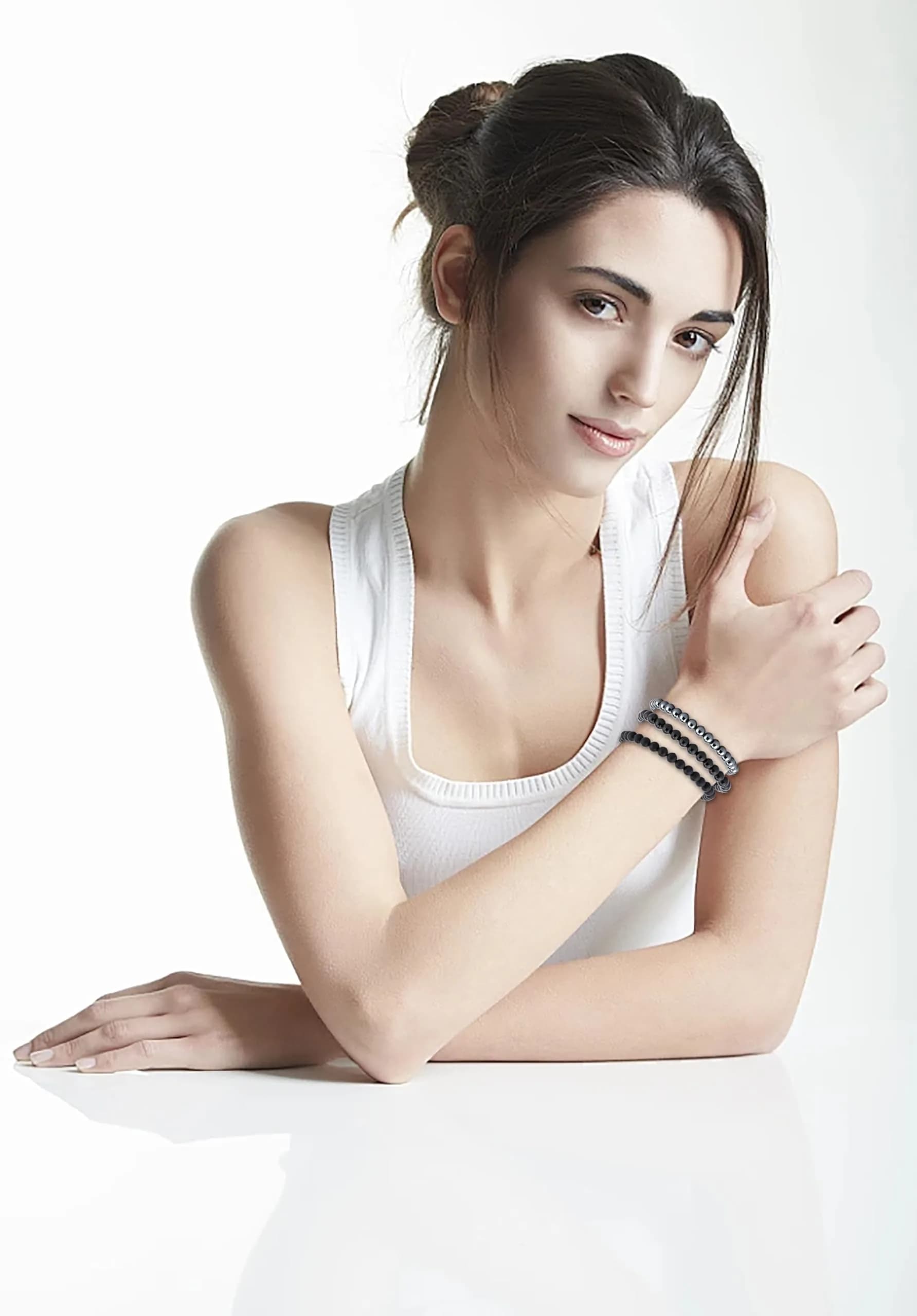 NCB 3-Piece 6mm Natural Crystal Gemstone Stretch Bracelets | Black Onyx, Hematite, Matte Black Agate - view 6