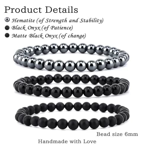 NCB 3-Piece 6mm Natural Crystal Gemstone Stretch Bracelets | Black Onyx, Hematite, Matte Black Agate thumbnail 2