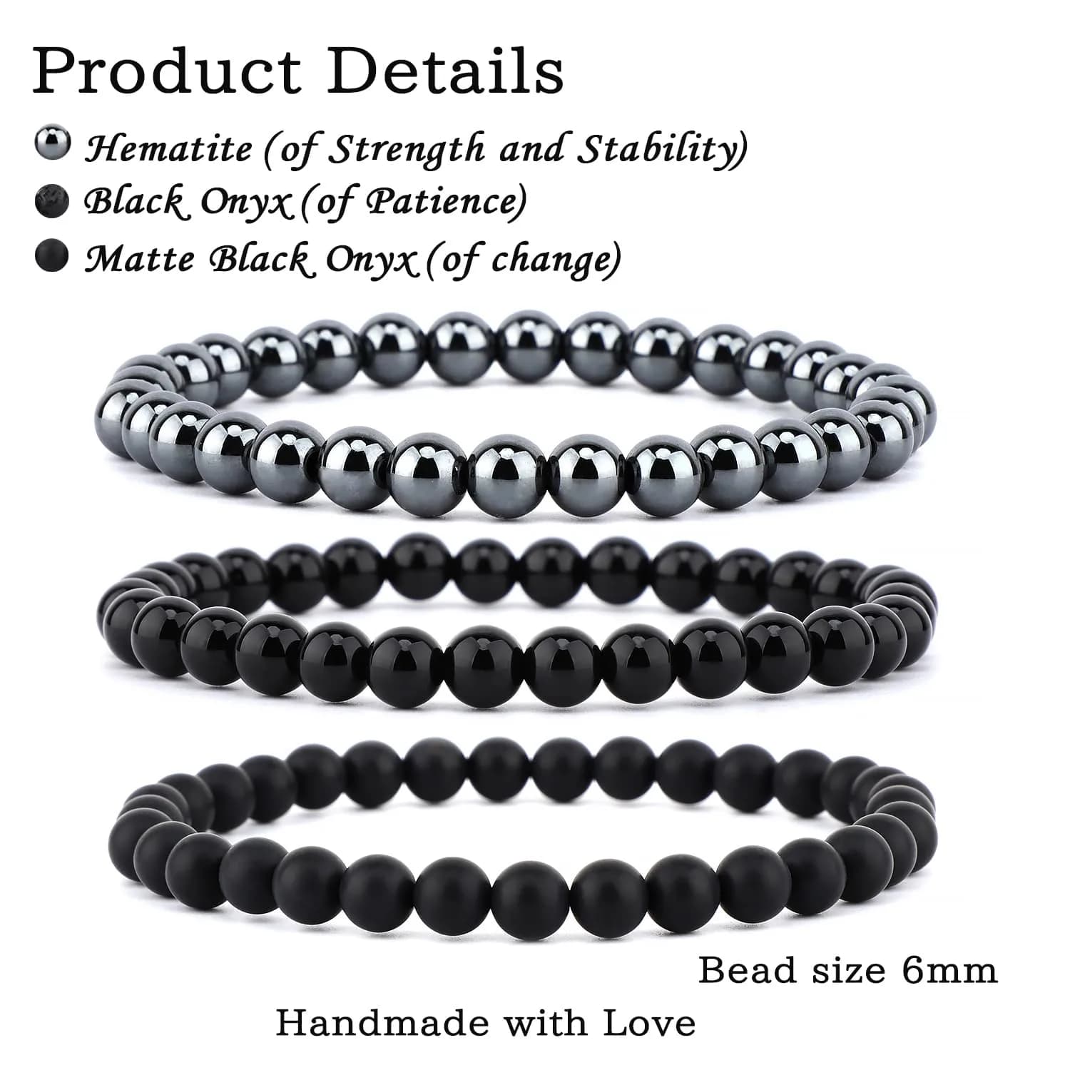 NCB 3-Piece 6mm Natural Crystal Gemstone Stretch Bracelets | Black Onyx, Hematite, Matte Black Agate - view 2