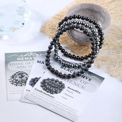 NCB 3-Piece 6mm Natural Crystal Gemstone Stretch Bracelets | Black Onyx, Hematite, Matte Black Agate thumbnail 3