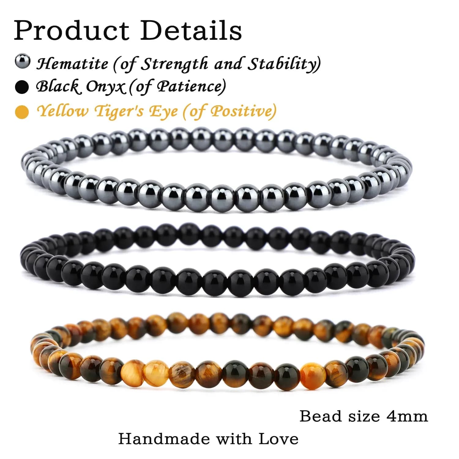NCB 3-Piece 4mm Natural Crystal Gemstone Stretch Bracelets | Handmade Reiki Energy Healing Jewelry for Meditation, Yoga, Unisex - view 2