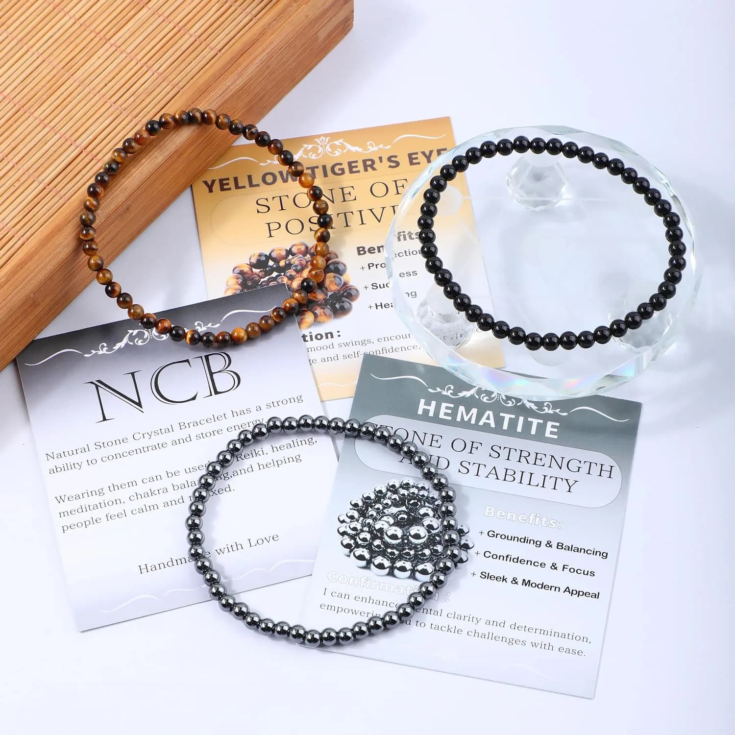 NCB 3-Piece 4mm Natural Crystal Gemstone Stretch Bracelets | Handmade Reiki Energy Healing Jewelry for Meditation, Yoga, Unisex - view 3
