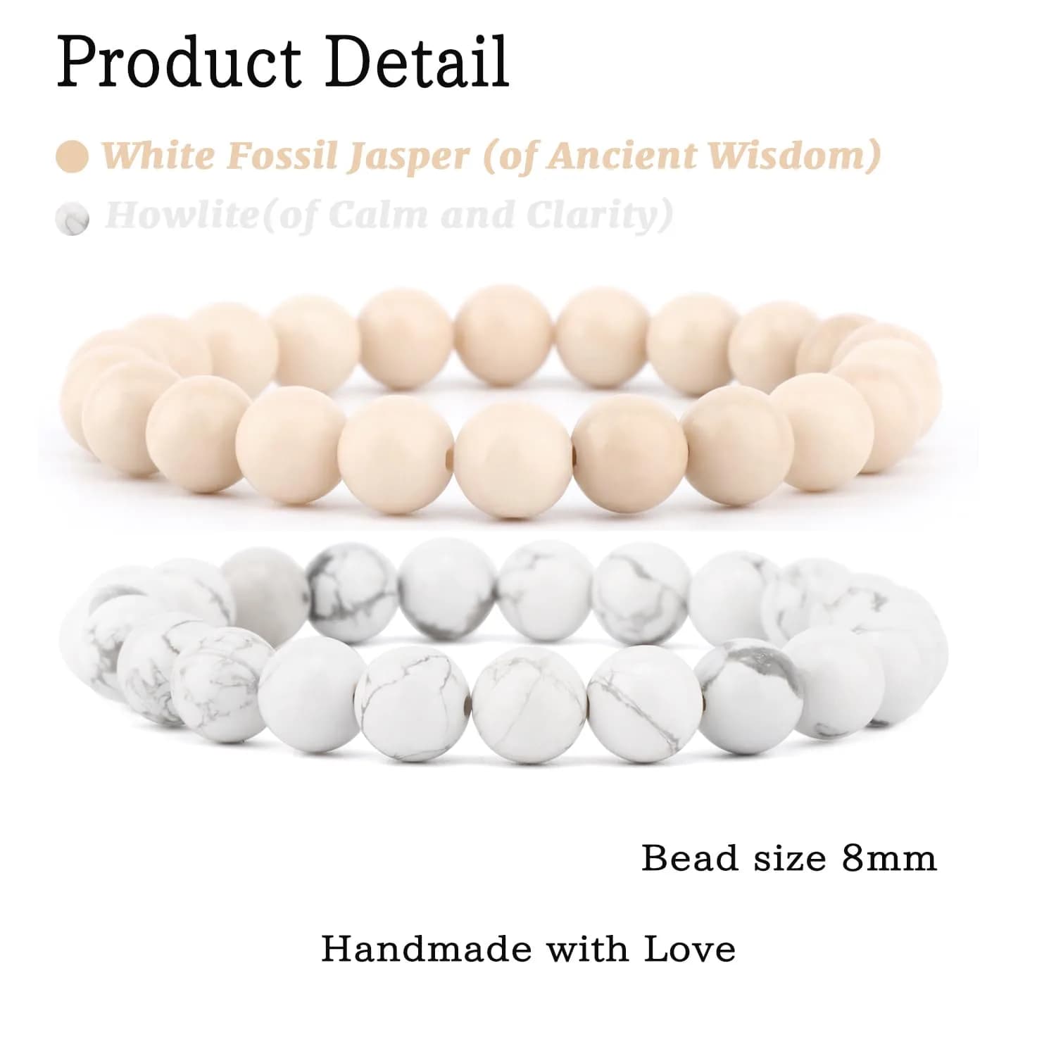 NCB Natural Crystal Gemstone Stretch Bracelets (8mm Howlite, White Fossil Jasper) | Handmade Reiki Healing Jewelry for Meditation, Yoga - view 2