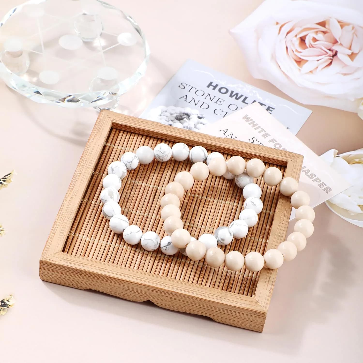 NCB Natural Crystal Gemstone Stretch Bracelets (8mm Howlite, White Fossil Jasper) | Handmade Reiki Healing Jewelry for Meditation, Yoga - view 3