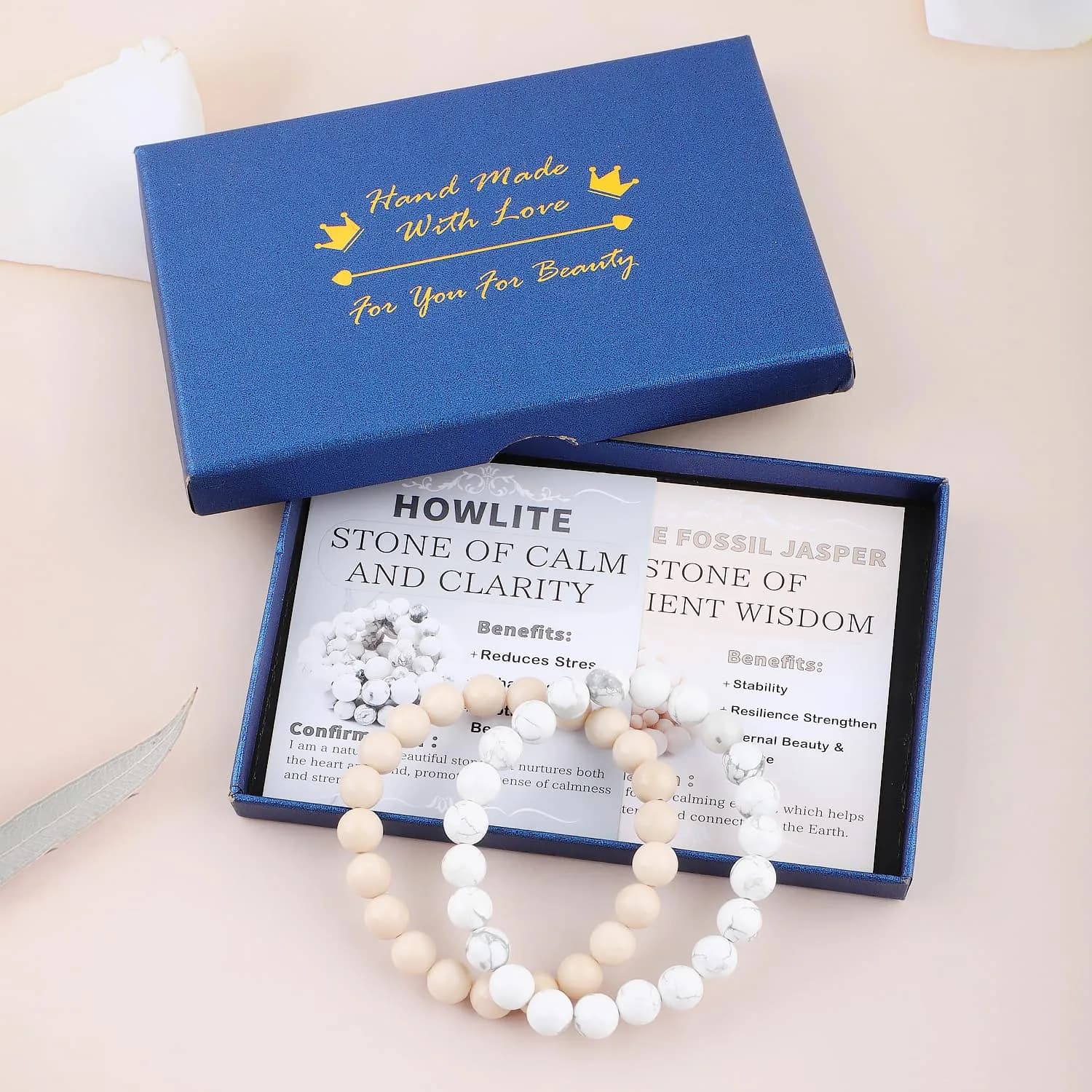 NCB Natural Crystal Gemstone Stretch Bracelets (8mm Howlite, White Fossil Jasper) | Handmade Reiki Healing Jewelry for Meditation, Yoga - view 4
