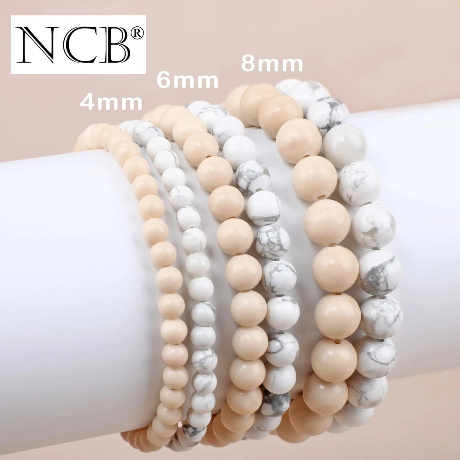 NCB Natural Crystal Gemstone Stretch Bracelets (8mm Howlite, White Fossil Jasper) | Handmade Reiki Healing Jewelry for Meditation, Yoga - view 5