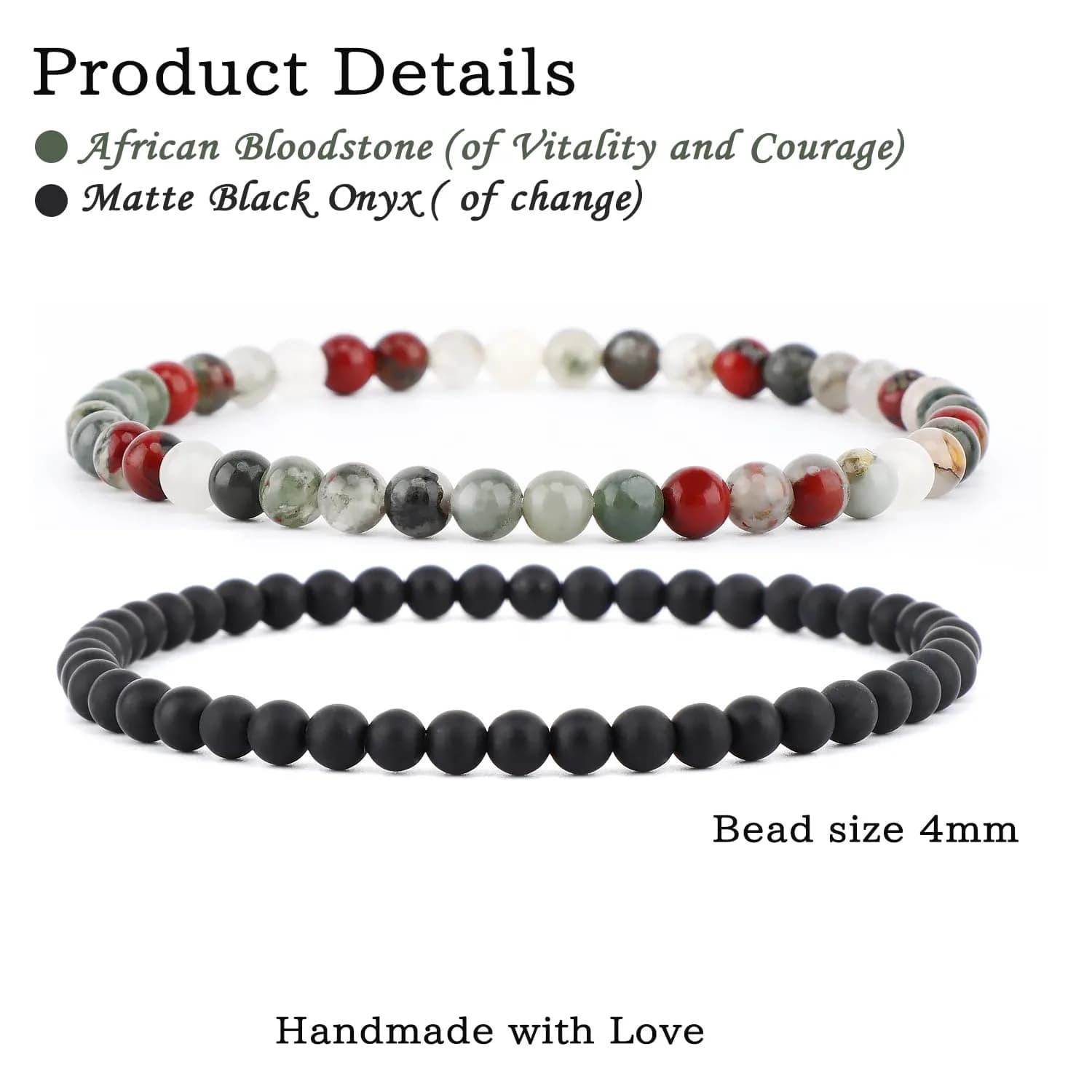 NCB 2-Piece African Bloodstone & Matte Black Agate 4mm Natural Gemstone Stretch Bracelets | Handmade Reiki Healing Jewelry