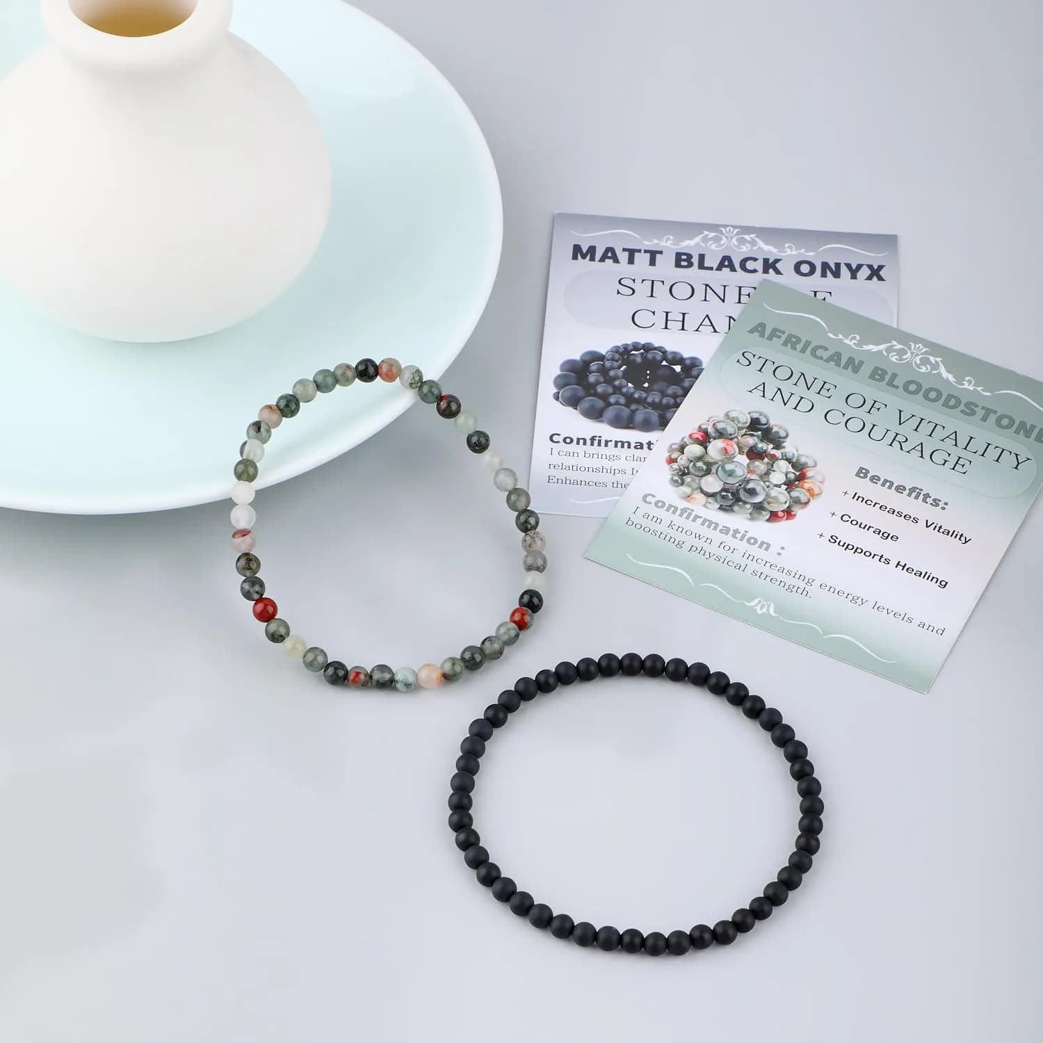 NCB 2-Piece African Bloodstone & Matte Black Agate 4mm Natural Gemstone Stretch Bracelets | Handmade Reiki Healing Jewelry thumbnail 2