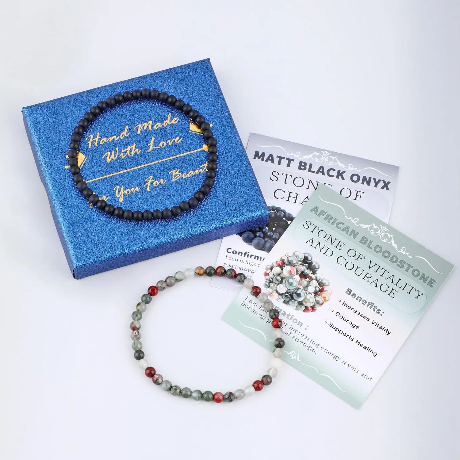 NCB 2-Piece African Bloodstone & Matte Black Agate 4mm Natural Gemstone Stretch Bracelets | Handmade Reiki Healing Jewelry thumbnail 3