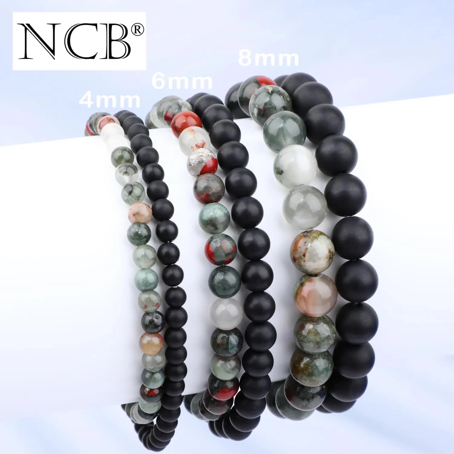 NCB 2-Piece African Bloodstone & Matte Black Agate 4mm Natural Gemstone Stretch Bracelets | Handmade Reiki Healing Jewelry thumbnail 4
