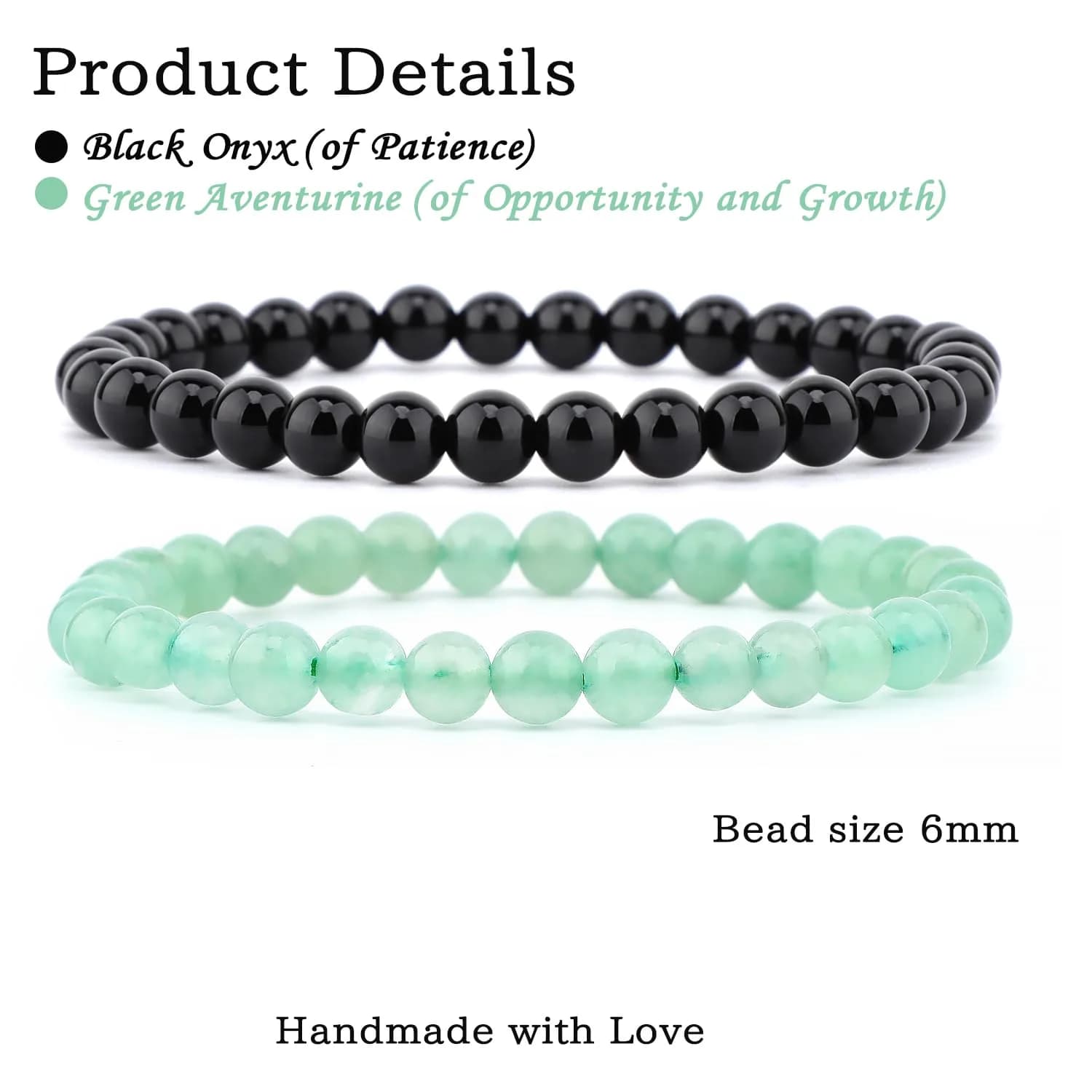 NCB Natural Crystal Gemstone Stretch Bracelets - Black Onyx & Green Aventurine (6mm, 2-Pack) | Handmade Reiki Energy Healing Jewelry - view 2