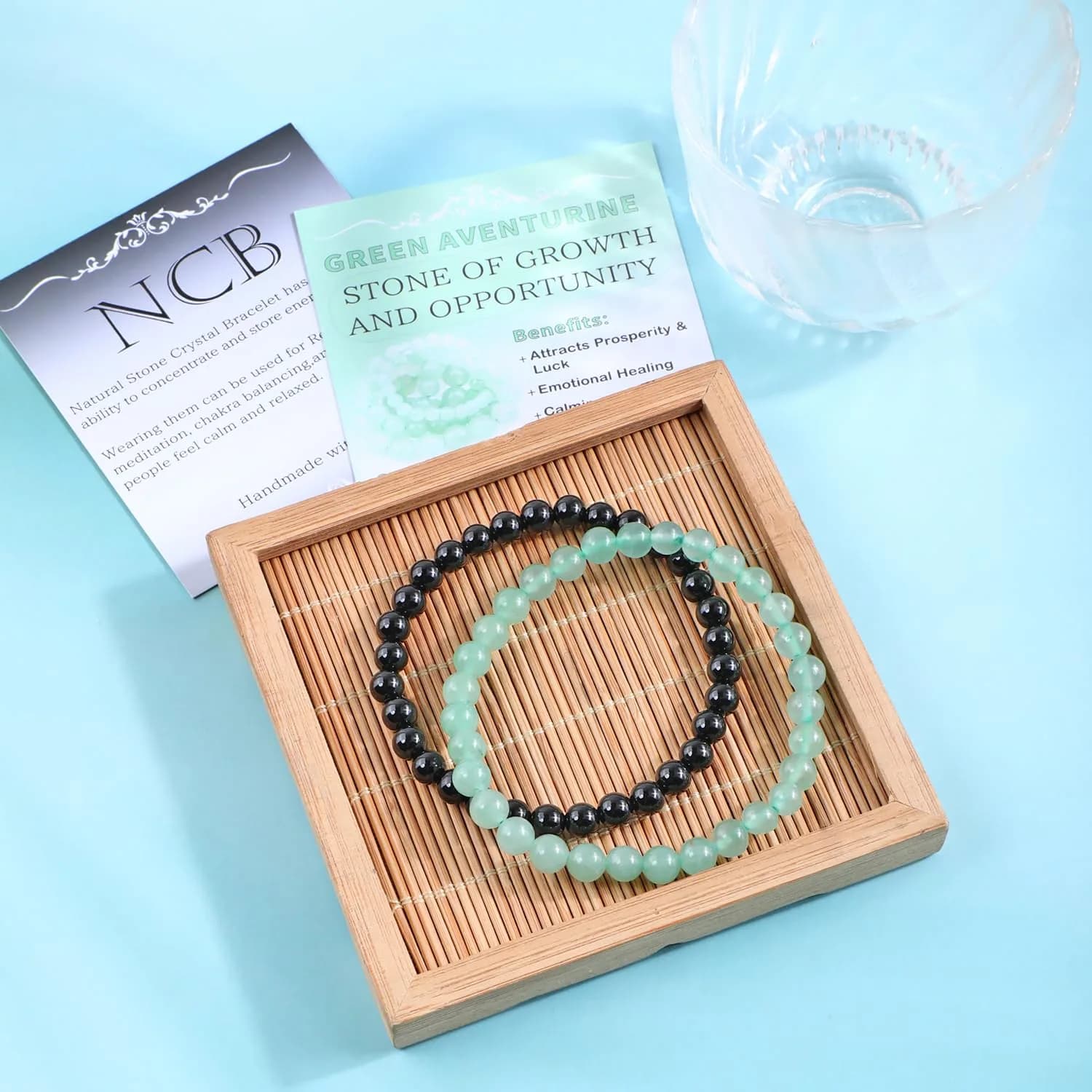 NCB Natural Crystal Gemstone Stretch Bracelets - Black Onyx & Green Aventurine (6mm, 2-Pack) | Handmade Reiki Energy Healing Jewelry - view 3