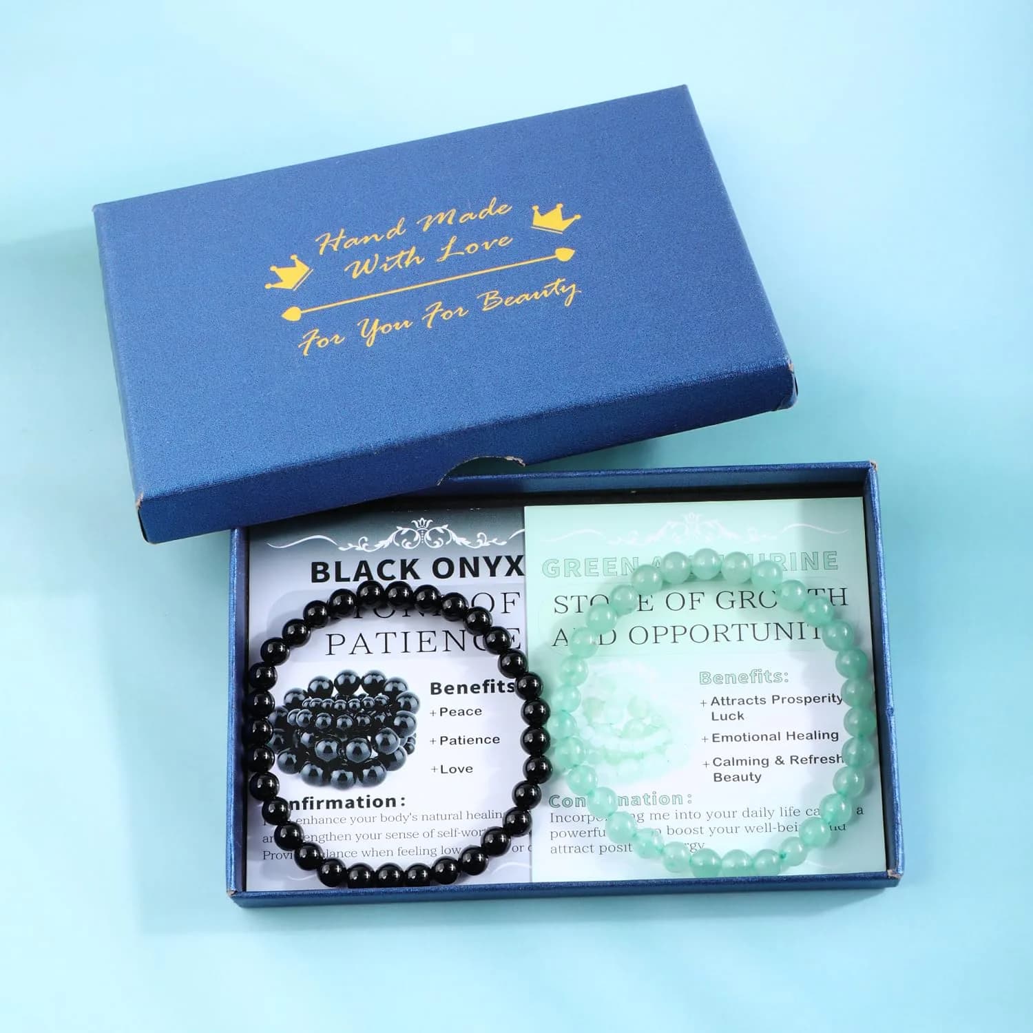 NCB Natural Crystal Gemstone Stretch Bracelets - Black Onyx & Green Aventurine (6mm, 2-Pack) | Handmade Reiki Energy Healing Jewelry - view 4