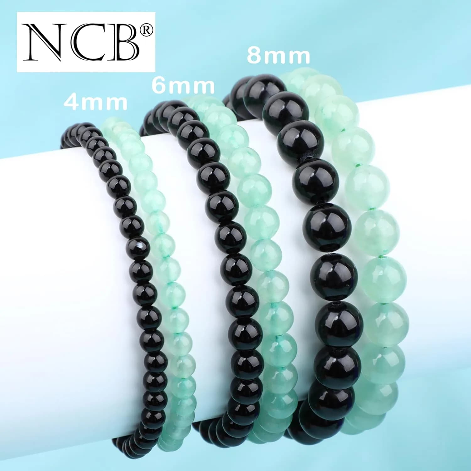 NCB Natural Crystal Gemstone Stretch Bracelets - Black Onyx & Green Aventurine (6mm, 2-Pack) | Handmade Reiki Energy Healing Jewelry - view 5