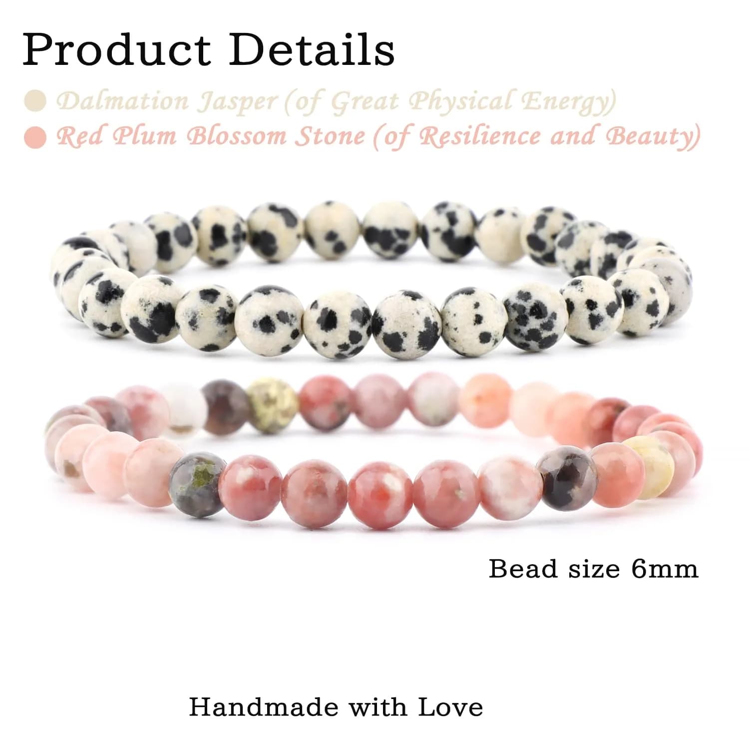 NCB Natural Gemstone Stretch Bracelets (Dalmatian Jasper + Red Plum Blossom Stone), 6mm Beads, Pack of 2 | Handmade Reiki Healing Jewelry - view 2