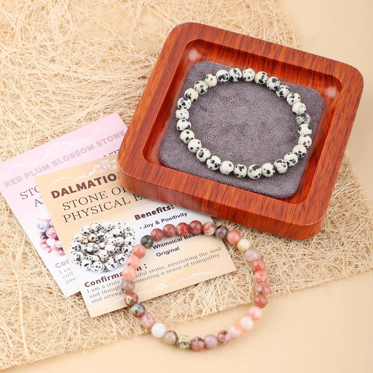 NCB Natural Gemstone Stretch Bracelets (Dalmatian Jasper + Red Plum Blossom Stone), 6mm Beads, Pack of 2 | Handmade Reiki Healing Jewelry - view 3