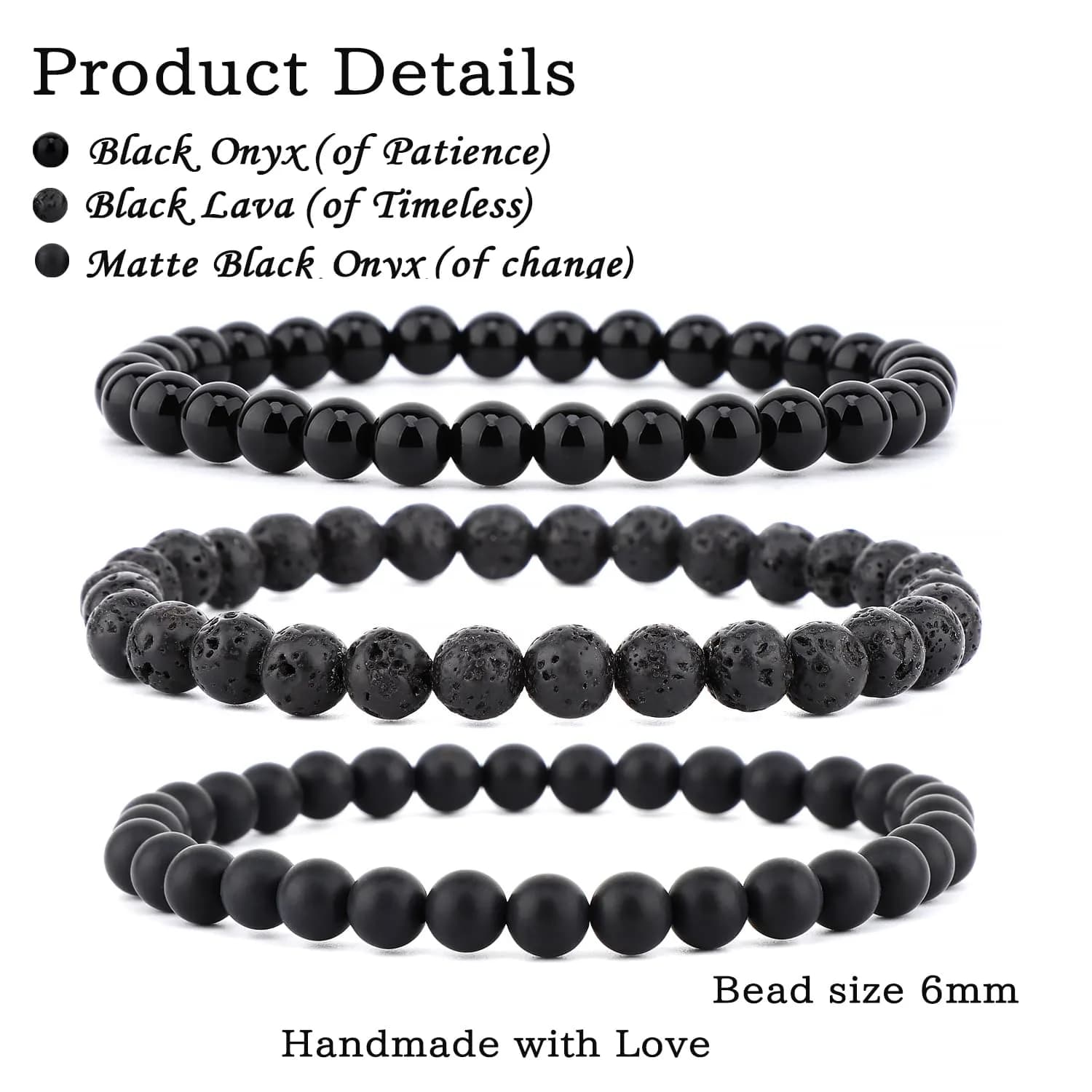 NCB 3-Piece Natural Crystal Gemstone Stretch Bracelets - Black Lava, Black Onyx, Matte Black Agate (6mm Beads) | Handmade Reiki Energy Healing Jewelry - view 2