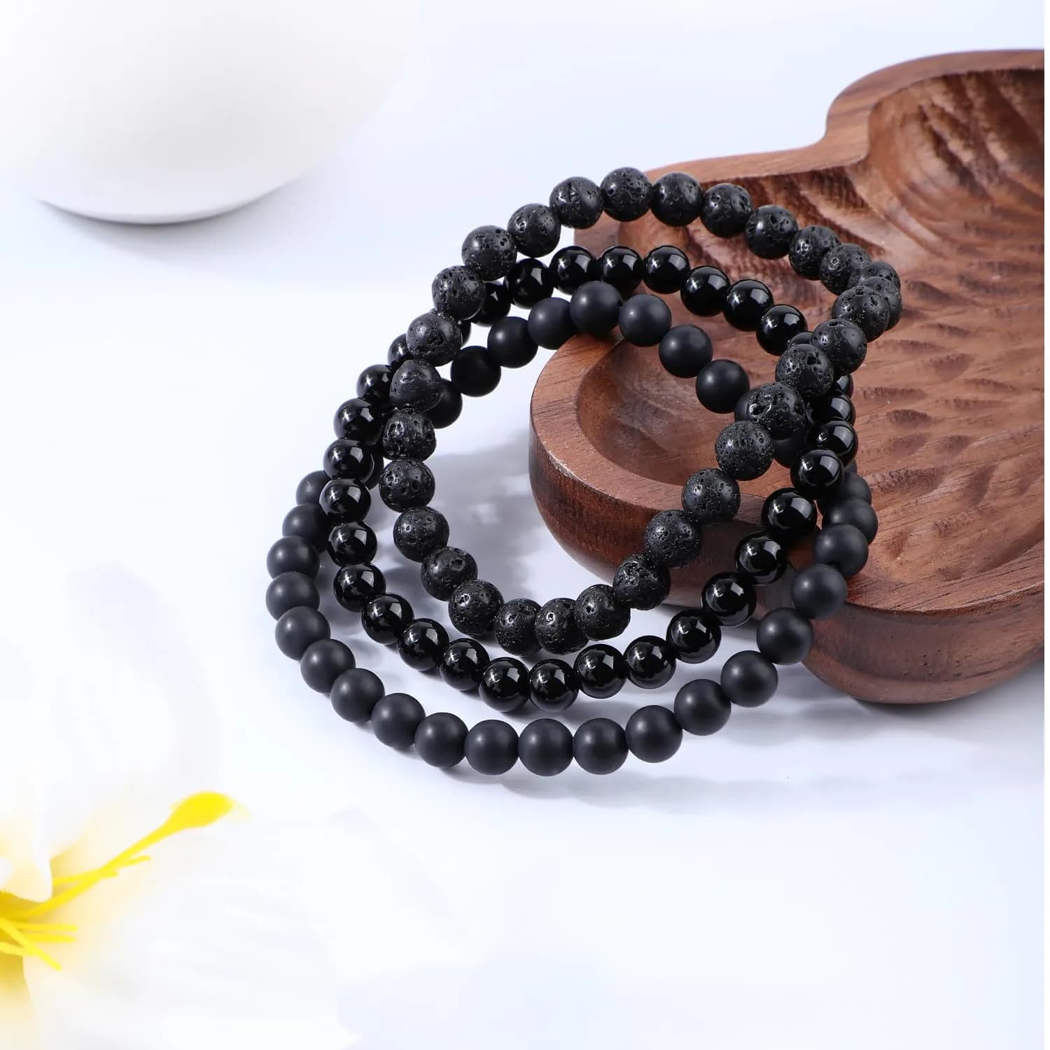 NCB 3-Piece Natural Crystal Gemstone Stretch Bracelets - Black Lava, Black Onyx, Matte Black Agate (6mm Beads) | Handmade Reiki Energy Healing Jewelry - view 3