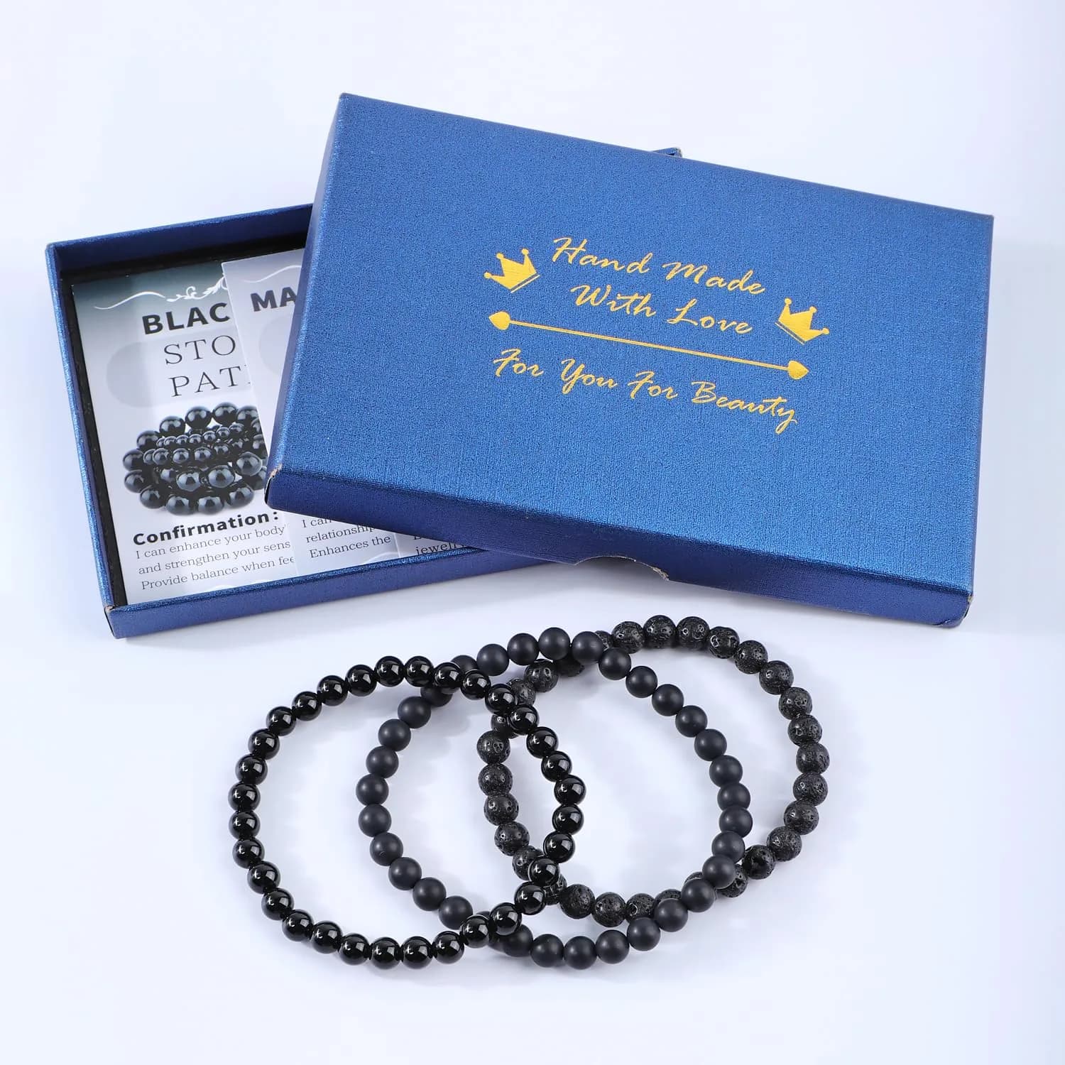 NCB 3-Piece Natural Crystal Gemstone Stretch Bracelets - Black Lava, Black Onyx, Matte Black Agate (6mm Beads) | Handmade Reiki Energy Healing Jewelry - view 4