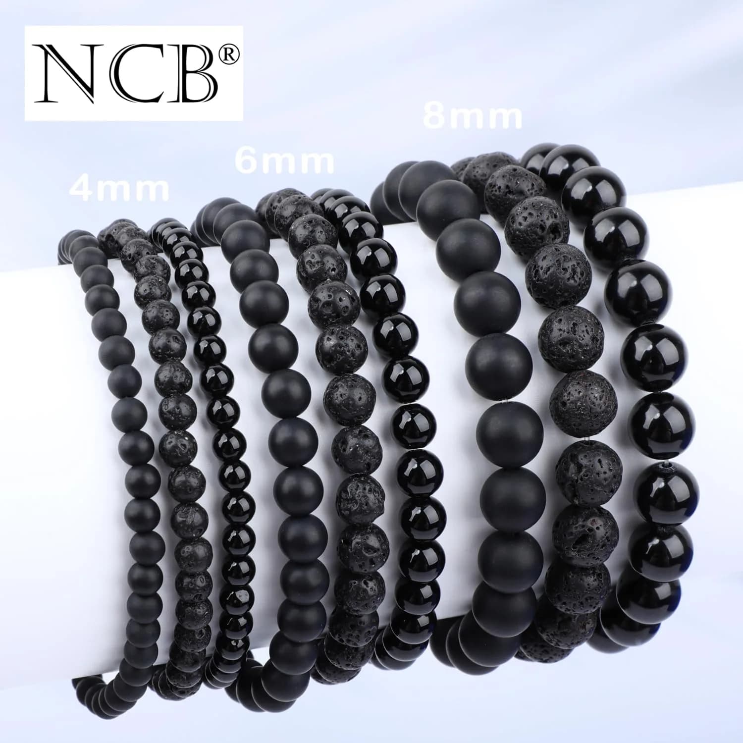 NCB 3-Piece Natural Crystal Gemstone Stretch Bracelets - Black Lava, Black Onyx, Matte Black Agate (6mm Beads) | Handmade Reiki Energy Healing Jewelry - view 5