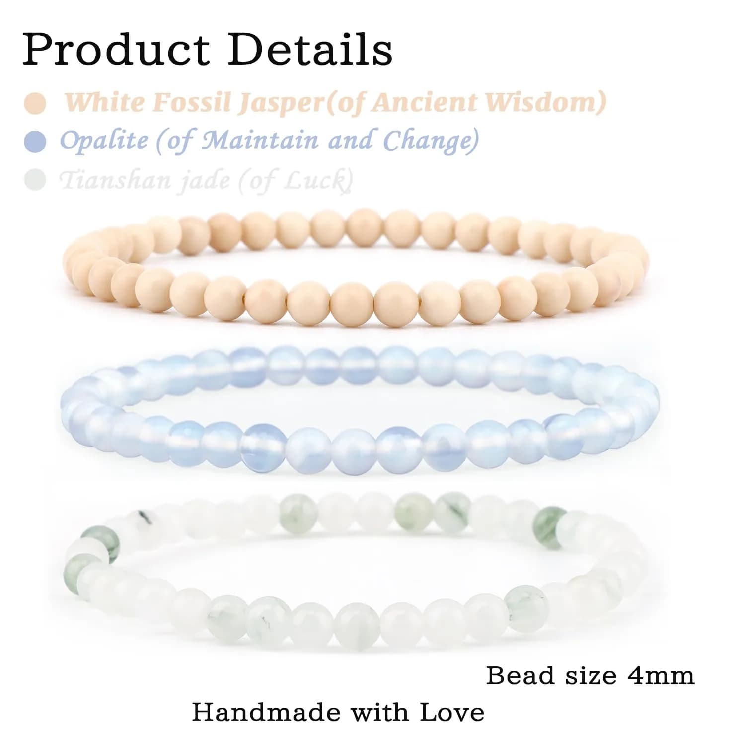 NCB Natural Crystal Gemstone Stretch Bracelets - Opalite, Tianshan Jade, White Fossil Jasper (3-Pack, 4mm) | Authentic USA Import for Meditation & Yoga thumbnail 2