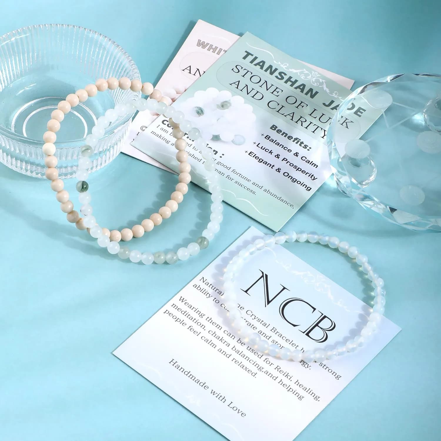 NCB Natural Crystal Gemstone Stretch Bracelets - Opalite, Tianshan Jade, White Fossil Jasper (3-Pack, 4mm) | Authentic USA Import for Meditation & Yoga thumbnail 3