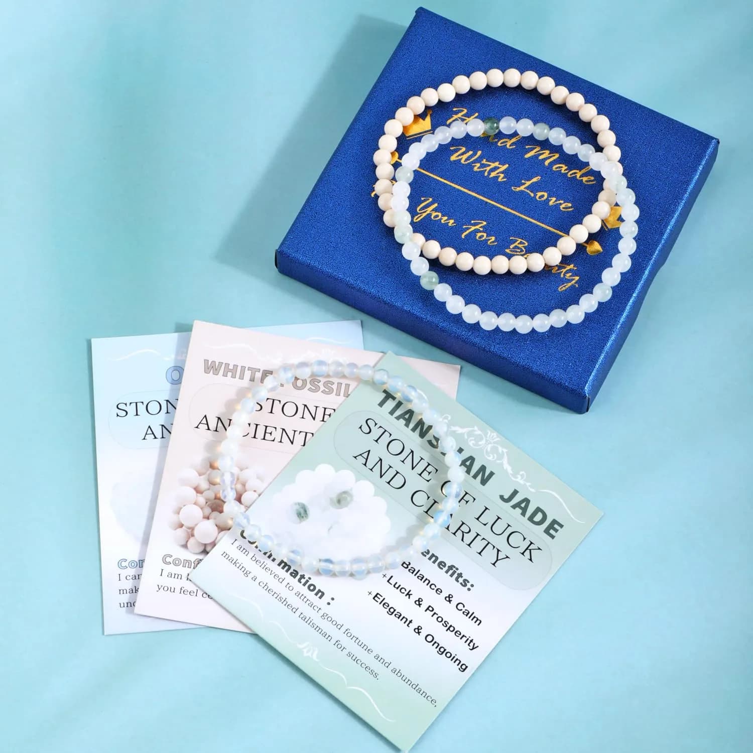 NCB Natural Crystal Gemstone Stretch Bracelets - Opalite, Tianshan Jade, White Fossil Jasper (3-Pack, 4mm) | Authentic USA Import for Meditation & Yoga thumbnail 4