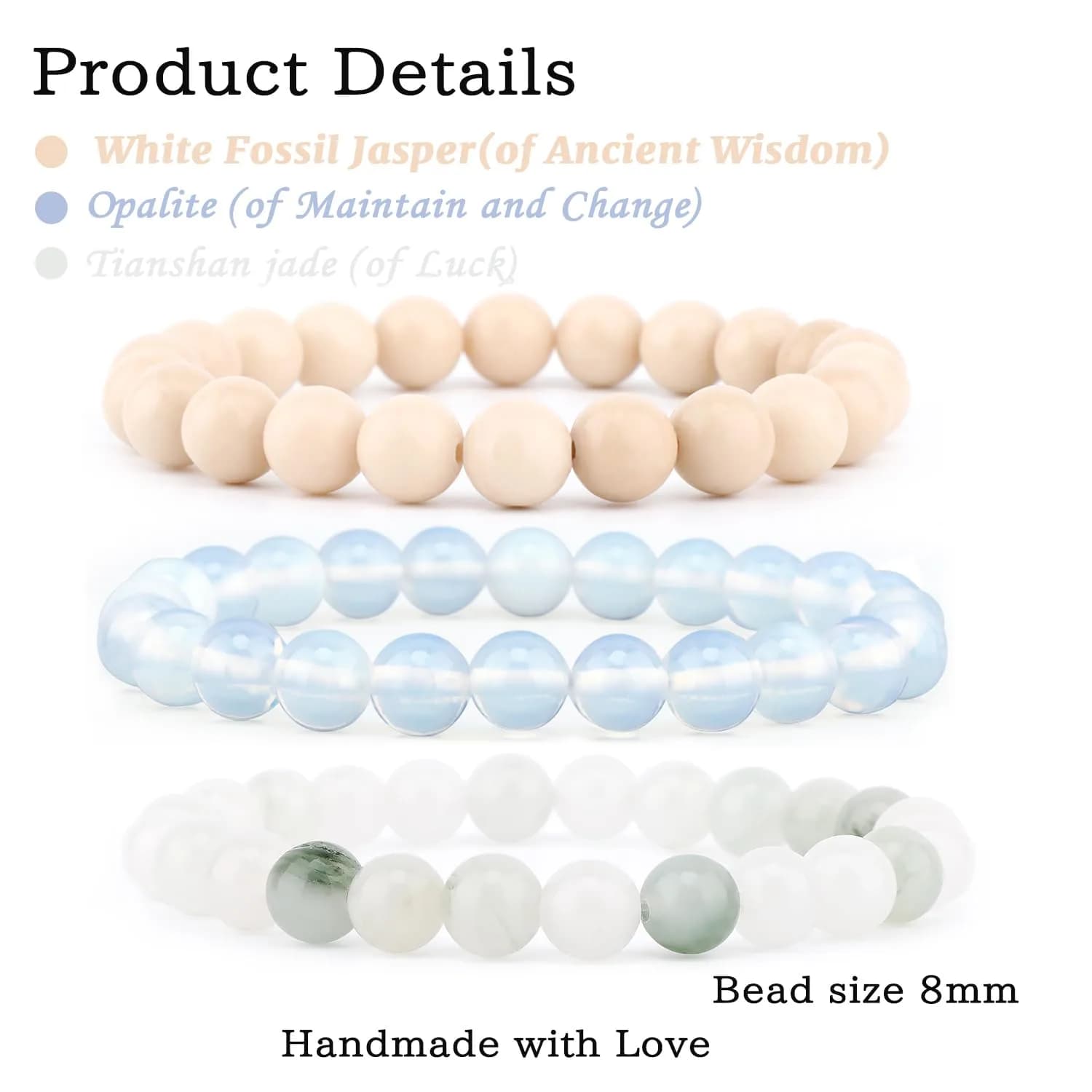 NCB 3-Piece 8mm Natural Crystal Gemstone Stretch Bracelets | Handmade Reiki Energy Healing Jewelry for Meditation, Yoga, Unisex - view 2