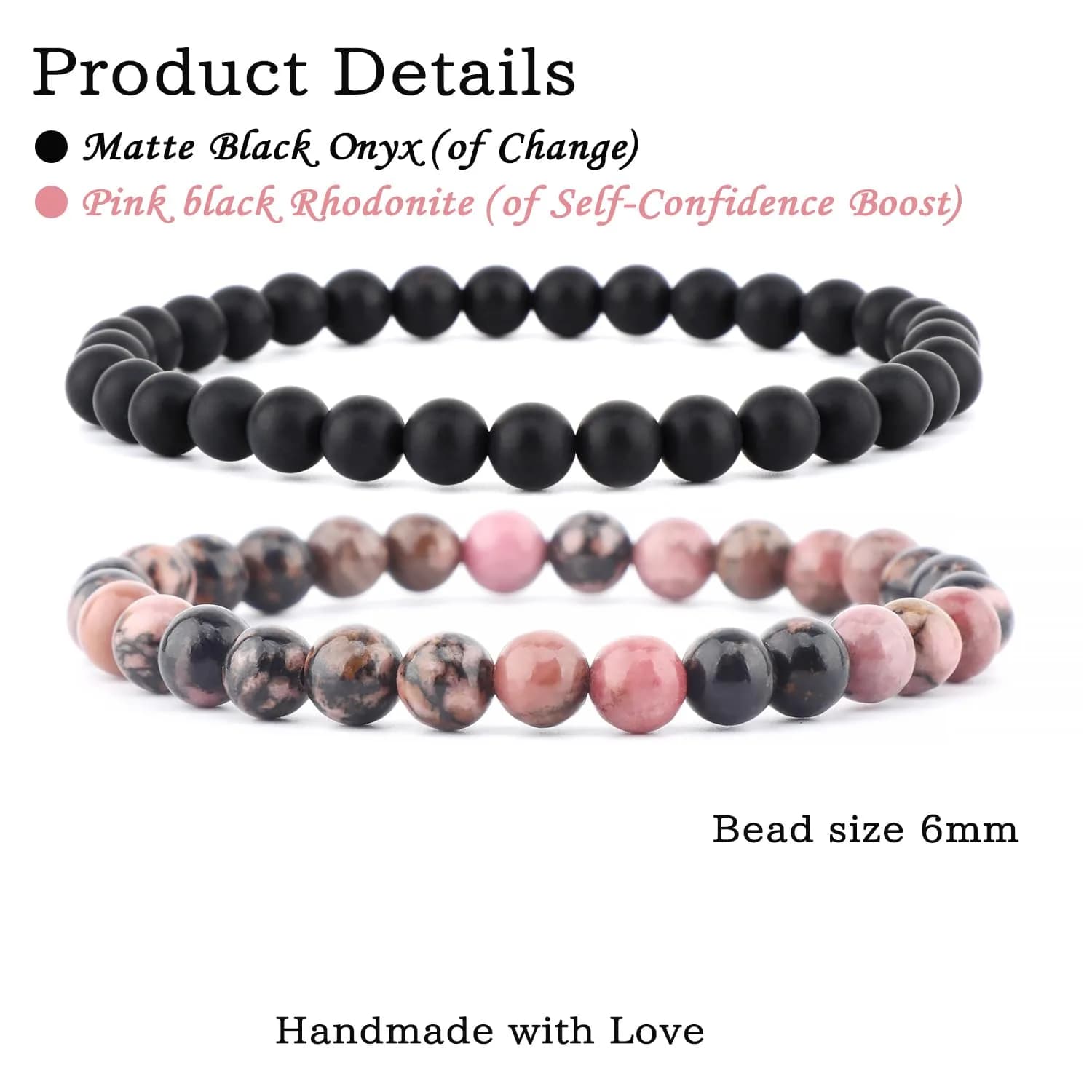 NCB Natural Guild_Jewelry 9a7b67 Pink Black Rhodonite Matte Black Agate Stretch Bracelets, 6mm Beads | Stone of Change - view 2