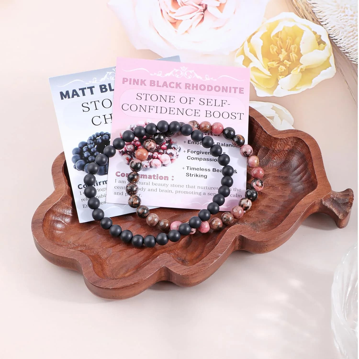 NCB Natural Guild_Jewelry 9a7b67 Pink Black Rhodonite Matte Black Agate Stretch Bracelets, 6mm Beads | Stone of Change - view 3