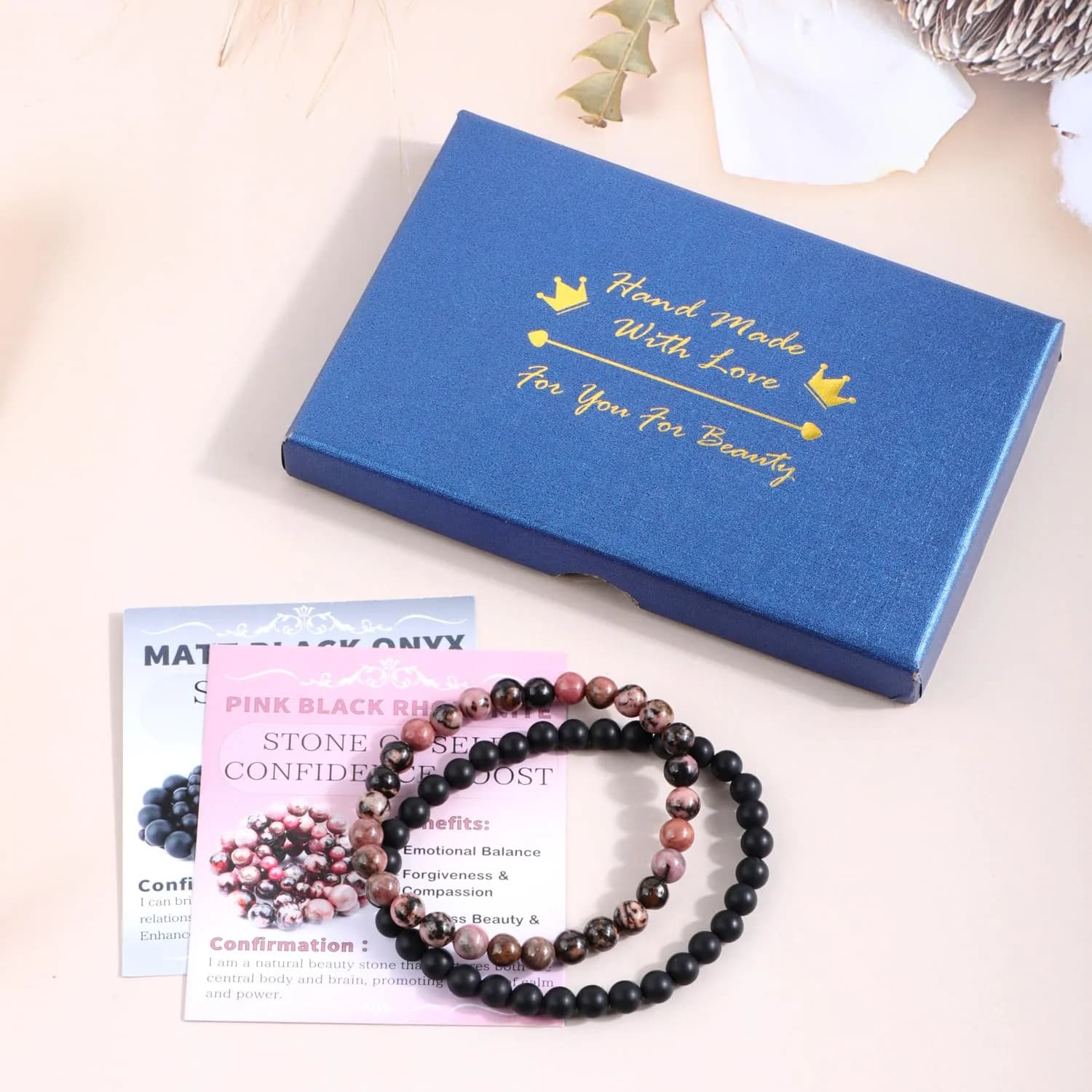 NCB Natural Guild_Jewelry 9a7b67 Pink Black Rhodonite Matte Black Agate Stretch Bracelets, 6mm Beads | Stone of Change - view 4