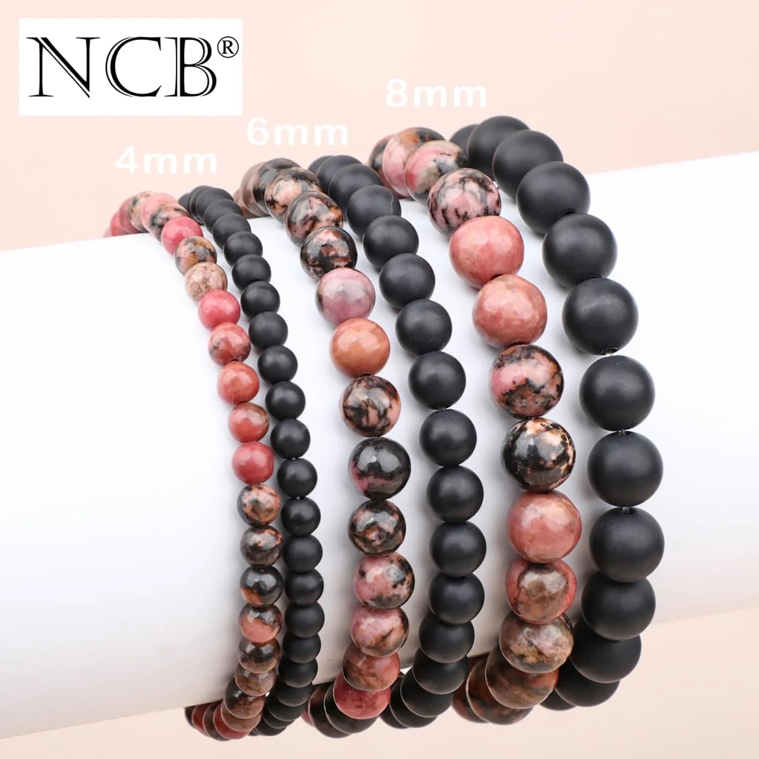 NCB Natural Guild_Jewelry 9a7b67 Pink Black Rhodonite Matte Black Agate Stretch Bracelets, 6mm Beads | Stone of Change - view 5