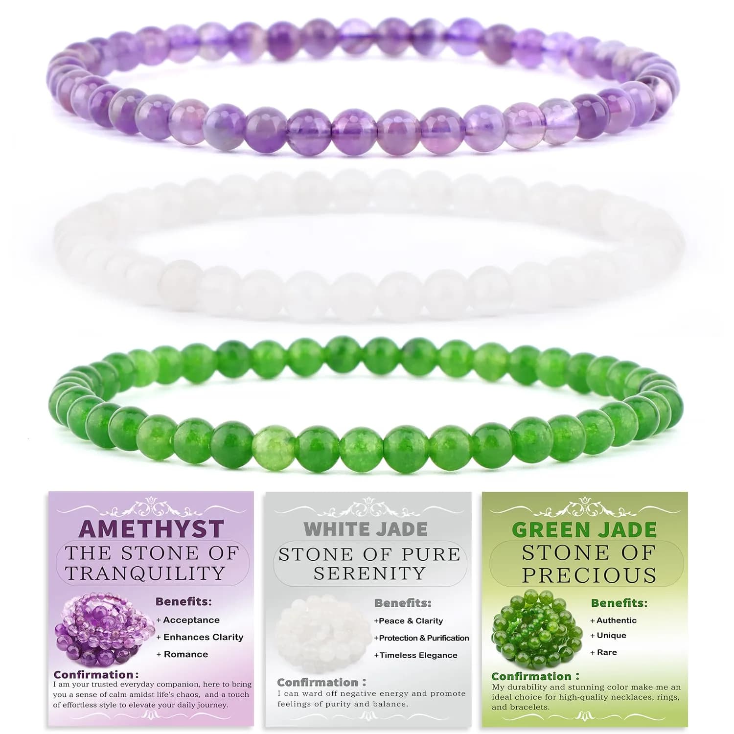 NCB Natural Crystal Gemstone Stretch Bracelets - Amethyst, Green Jade, White Jade (4mm, 3-Pack) - main product image