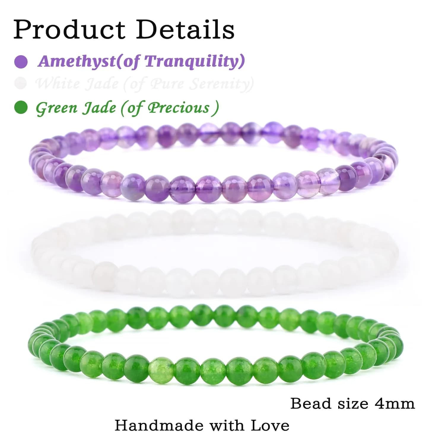 NCB Natural Crystal Gemstone Stretch Bracelets - Amethyst, Green Jade, White Jade (4mm, 3-Pack) - view 2