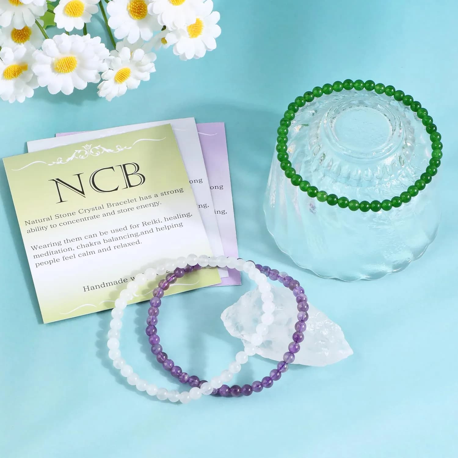 NCB Natural Crystal Gemstone Stretch Bracelets - Amethyst, Green Jade, White Jade (4mm, 3-Pack) - view 3