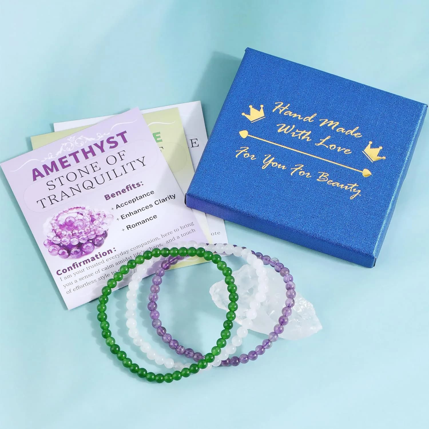 NCB Natural Crystal Gemstone Stretch Bracelets - Amethyst, Green Jade, White Jade (4mm, 3-Pack) - view 4