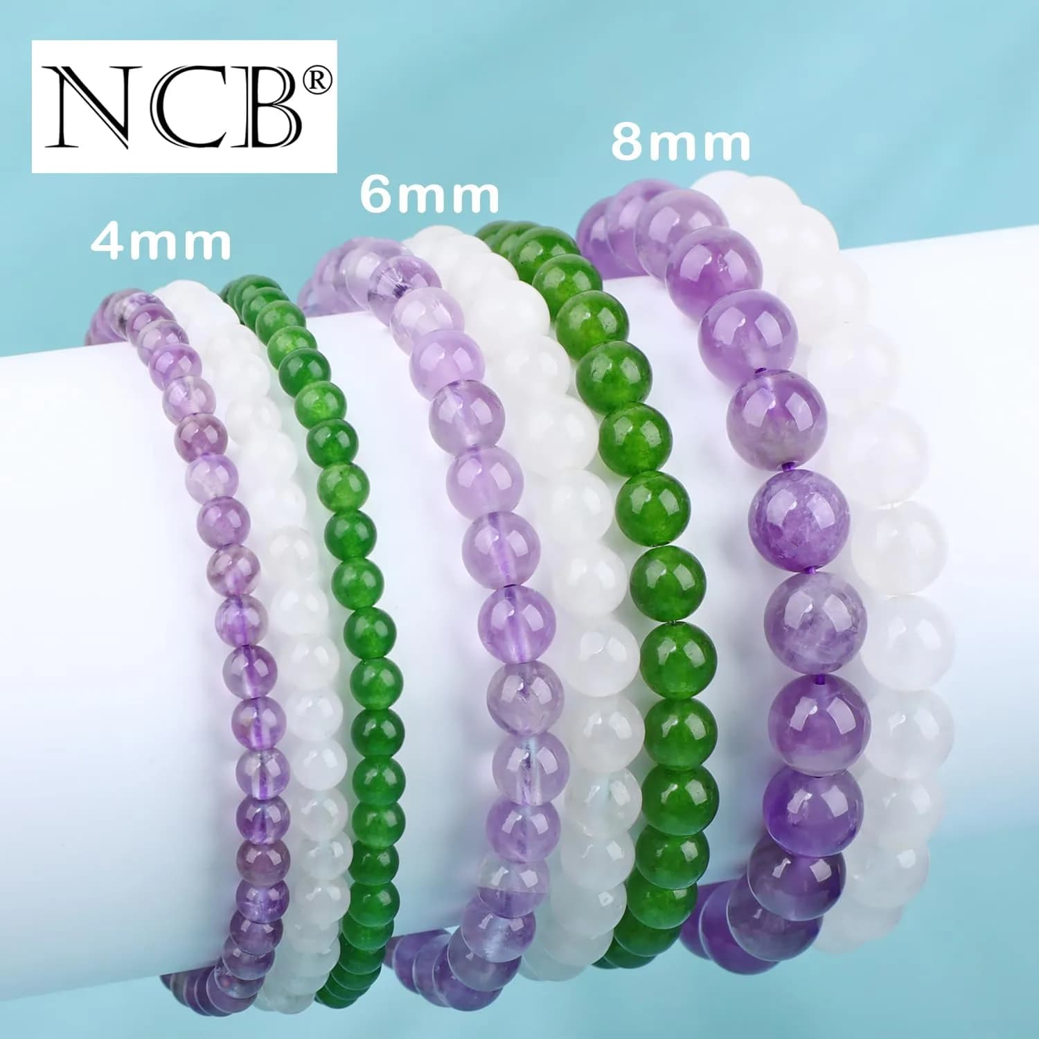 NCB Natural Crystal Gemstone Stretch Bracelets - Amethyst, Green Jade, White Jade (4mm, 3-Pack) - view 5