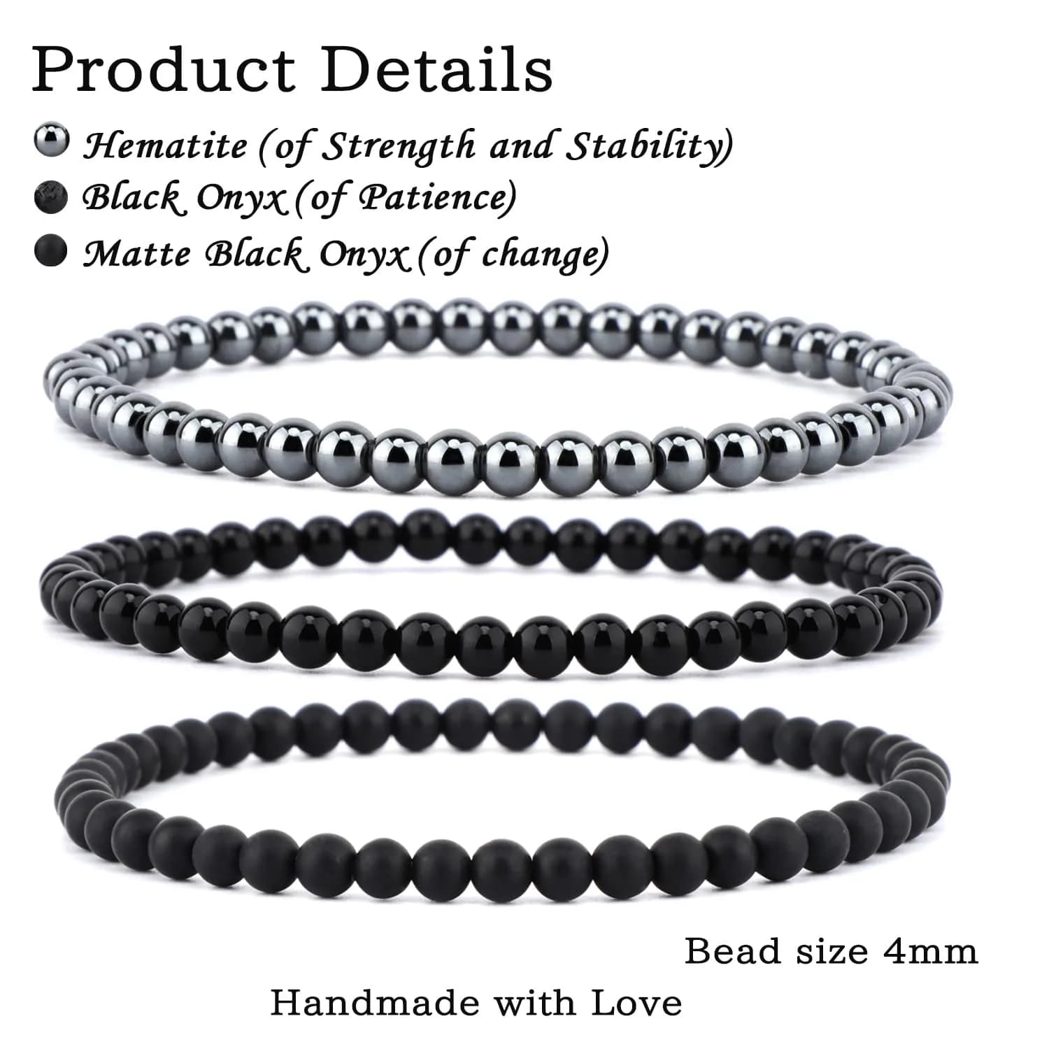 NCB 3-Piece 4mm Natural Crystal Gemstone Stretch Bracelets - Black Onyx, Hematite, Matte Black Agate | Handmade Reiki Healing Jewelry - view 2