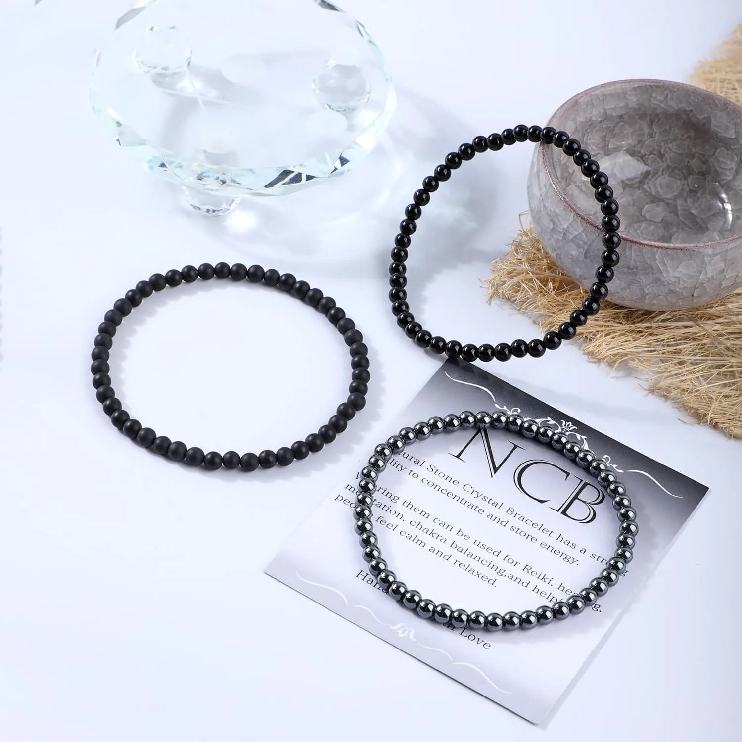 NCB 3-Piece 4mm Natural Crystal Gemstone Stretch Bracelets - Black Onyx, Hematite, Matte Black Agate | Handmade Reiki Healing Jewelry - view 3