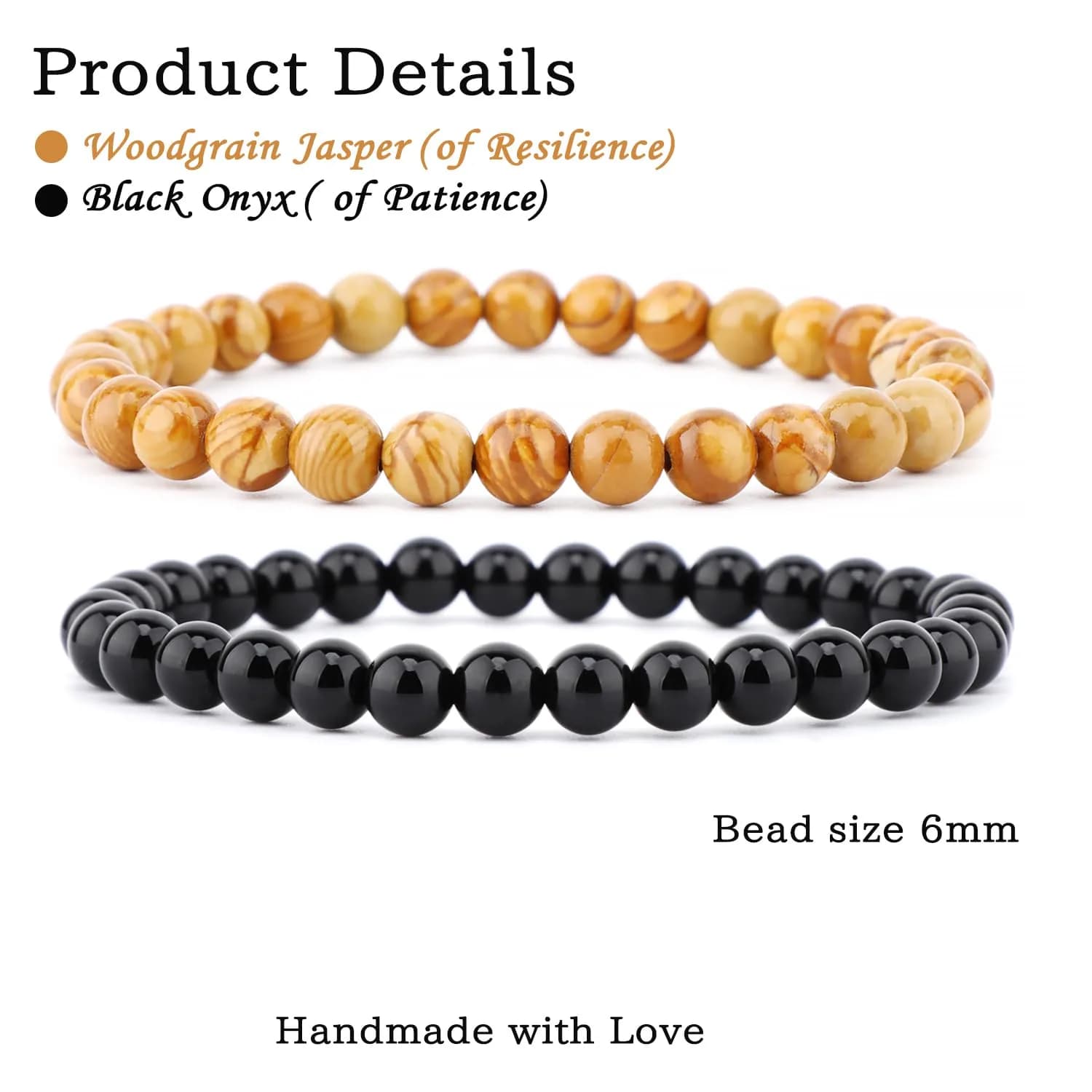 NCB Natural Bracelet c75213 Black Onyx Woodgrain Jasper Stretch Bracelets, 6mm Beads | Stone of Resilience - view 2